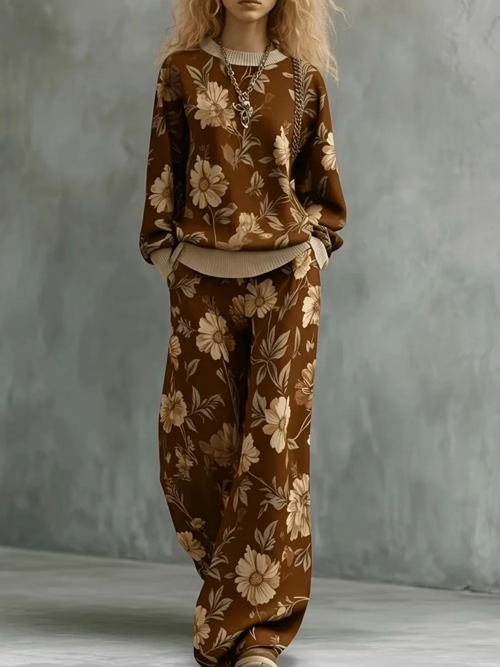 Retro Brown Floral Wide-Leg Pants + Top Set with pockets New Boutique loose fit - Picture 1 of 5